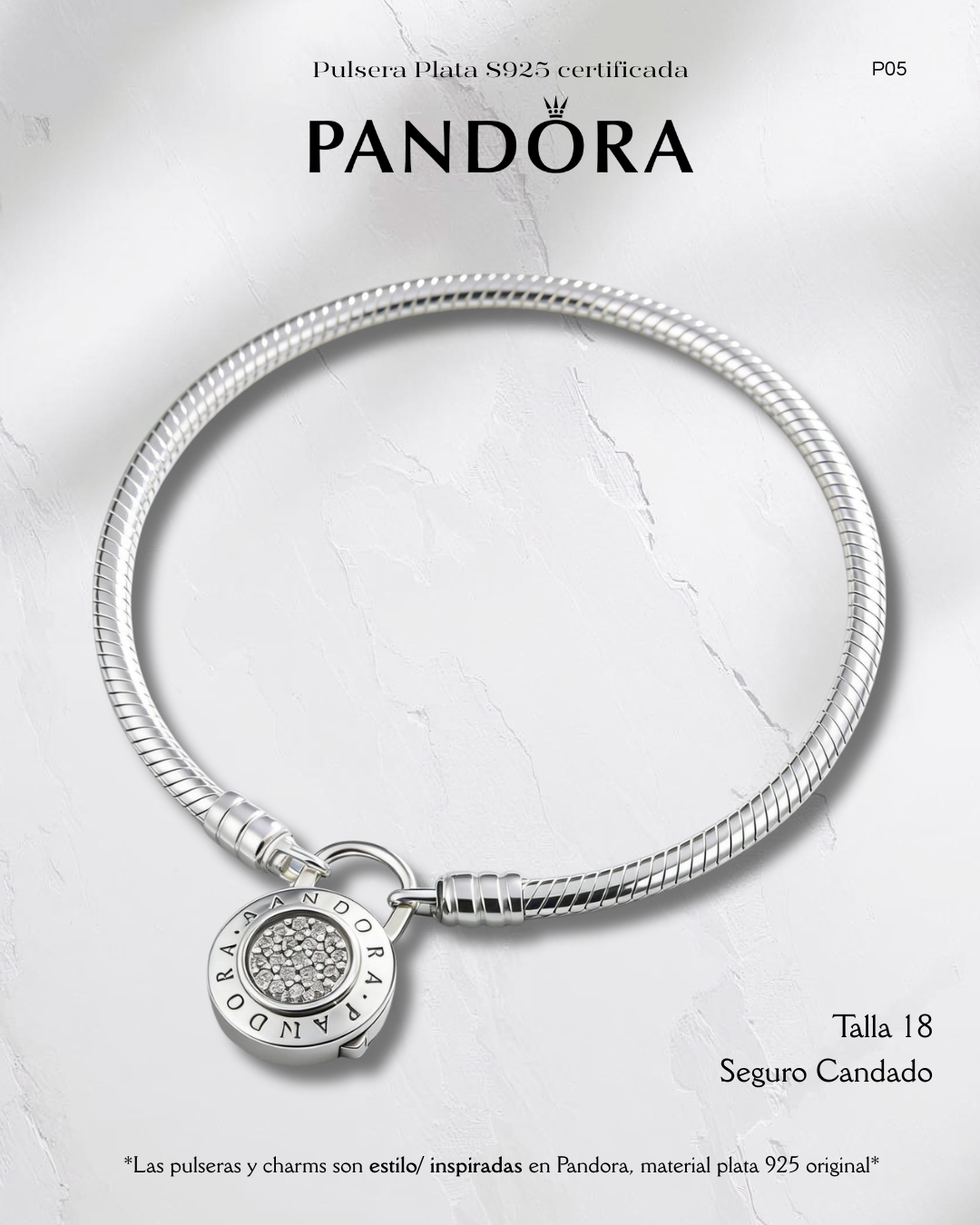 Pulsera estilo Pandora con seguro Candado- Plata ley 925 original