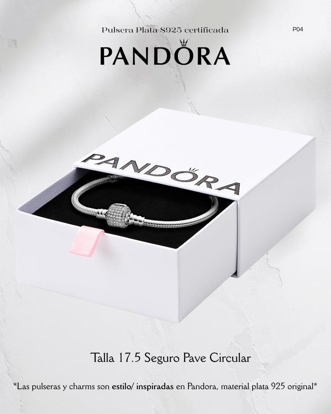 Pulsera estilo Pandora con seguro Pave circular- Plata ley 925 original - Imagen 2