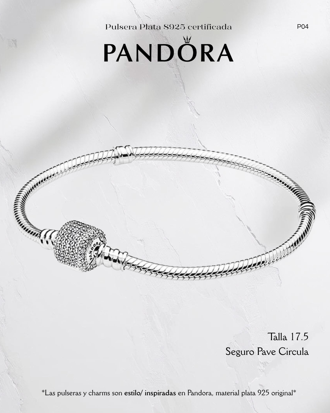 Pulsera estilo Pandora con seguro Pave circular- Plata ley 925 original