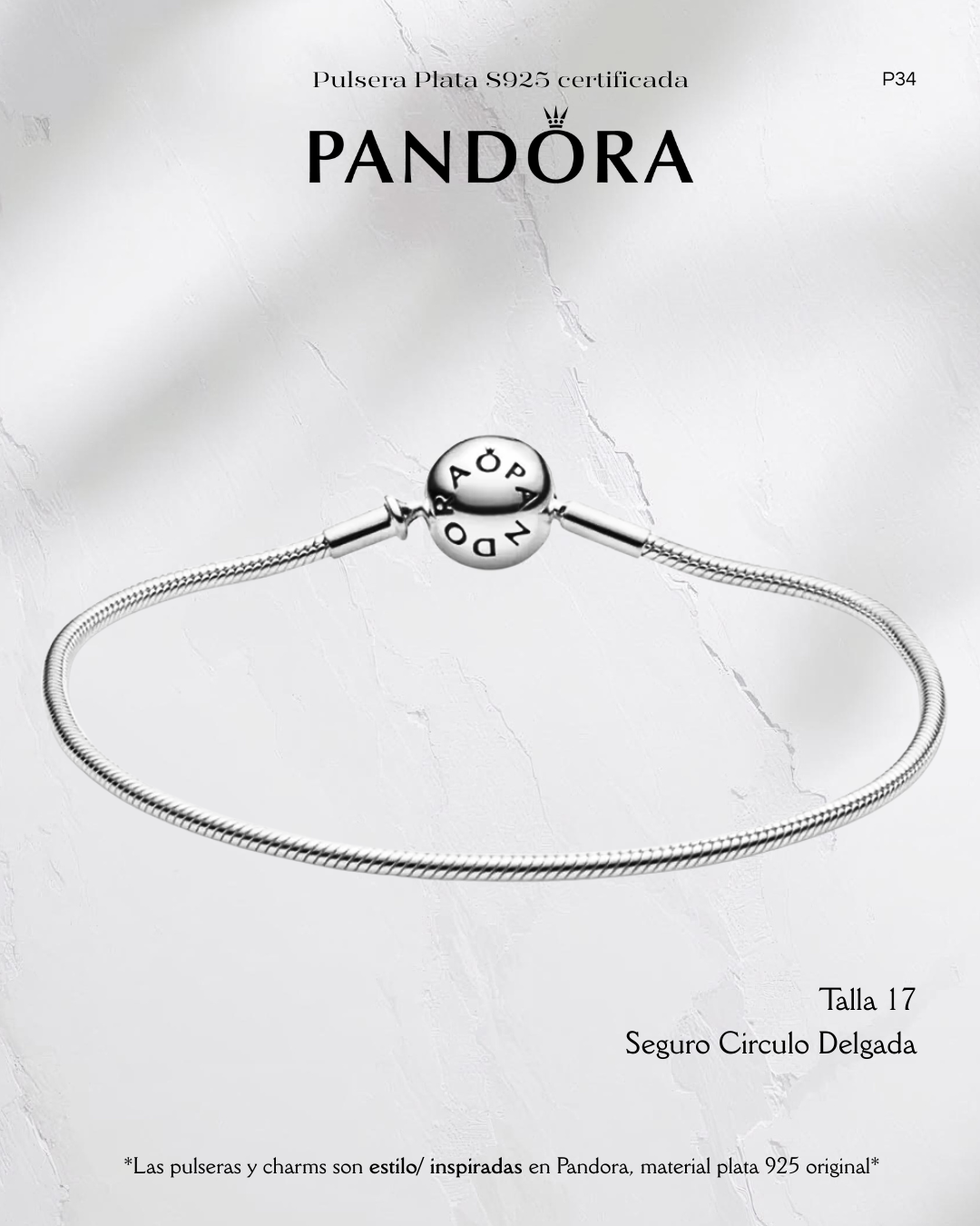 Pulsera estilo Pandora con seguro Circulo Delgada- Plata ley 925 original