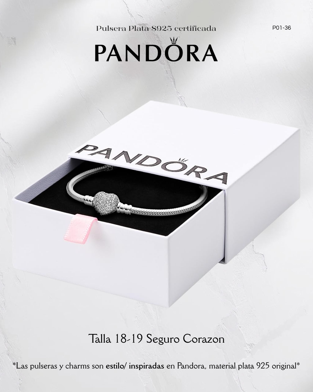 Pulsera estilo Pandora con seguro Corazon con brillo- Plata ley 925 original - Imagen 2