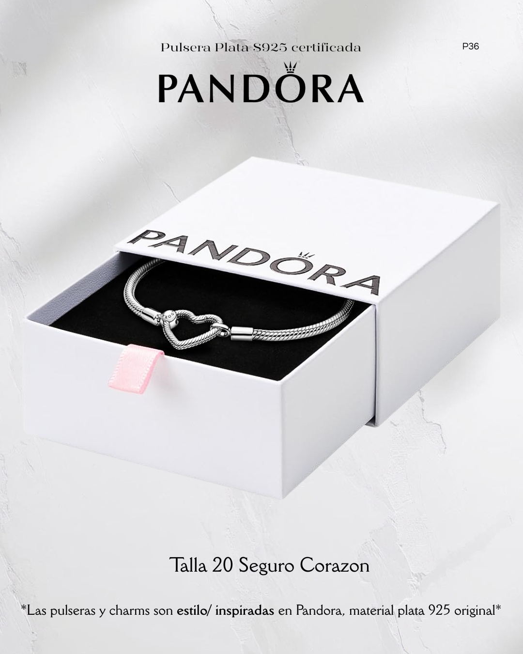 Pulsera estilo Pandora con seguro Corazon - Plata ley 925 original - Imagen 2