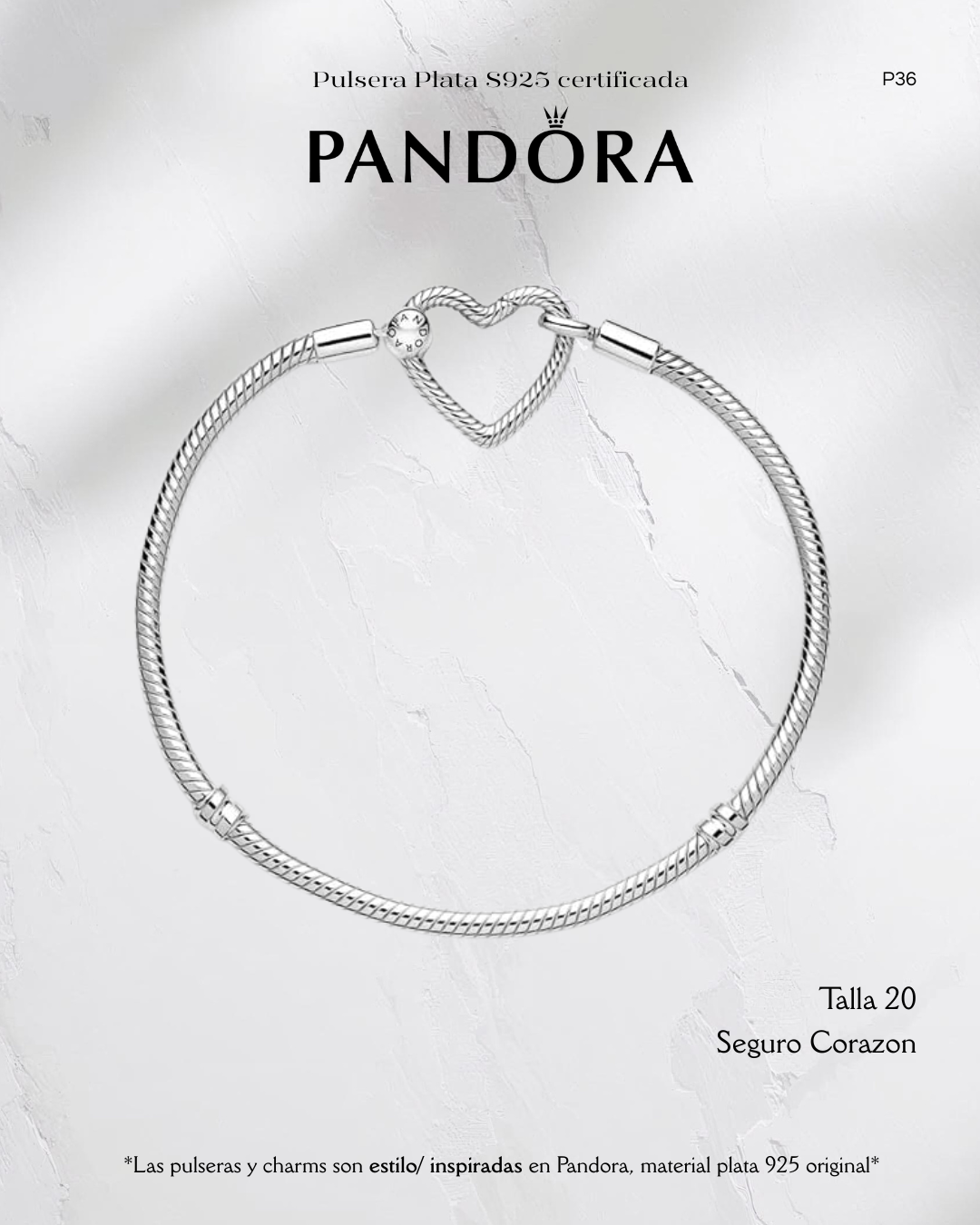 Pulsera estilo Pandora con seguro Corazon - Plata ley 925 original