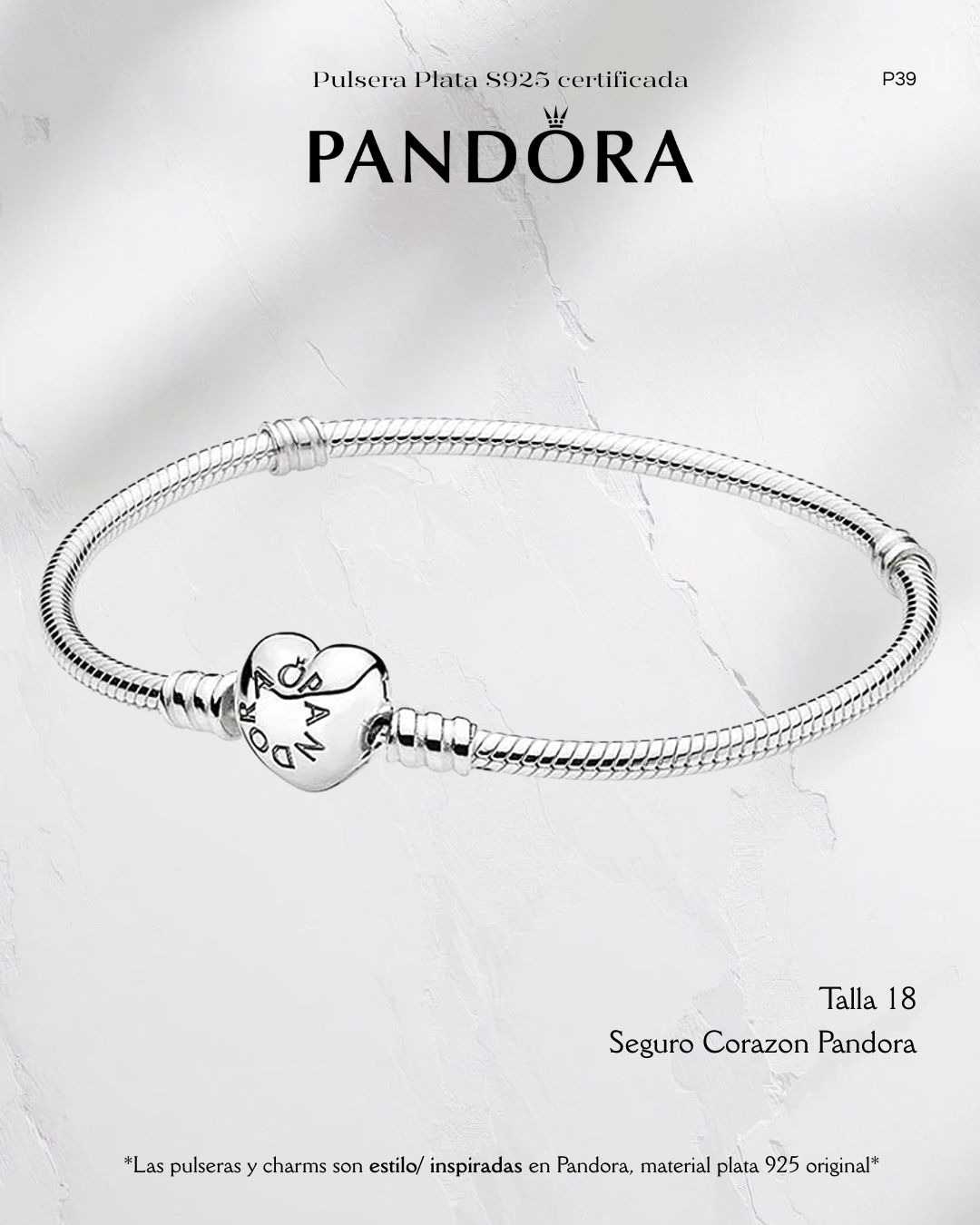 Pulsera estilo Pandora con seguro Corazon Pandora- Plata ley 925 original